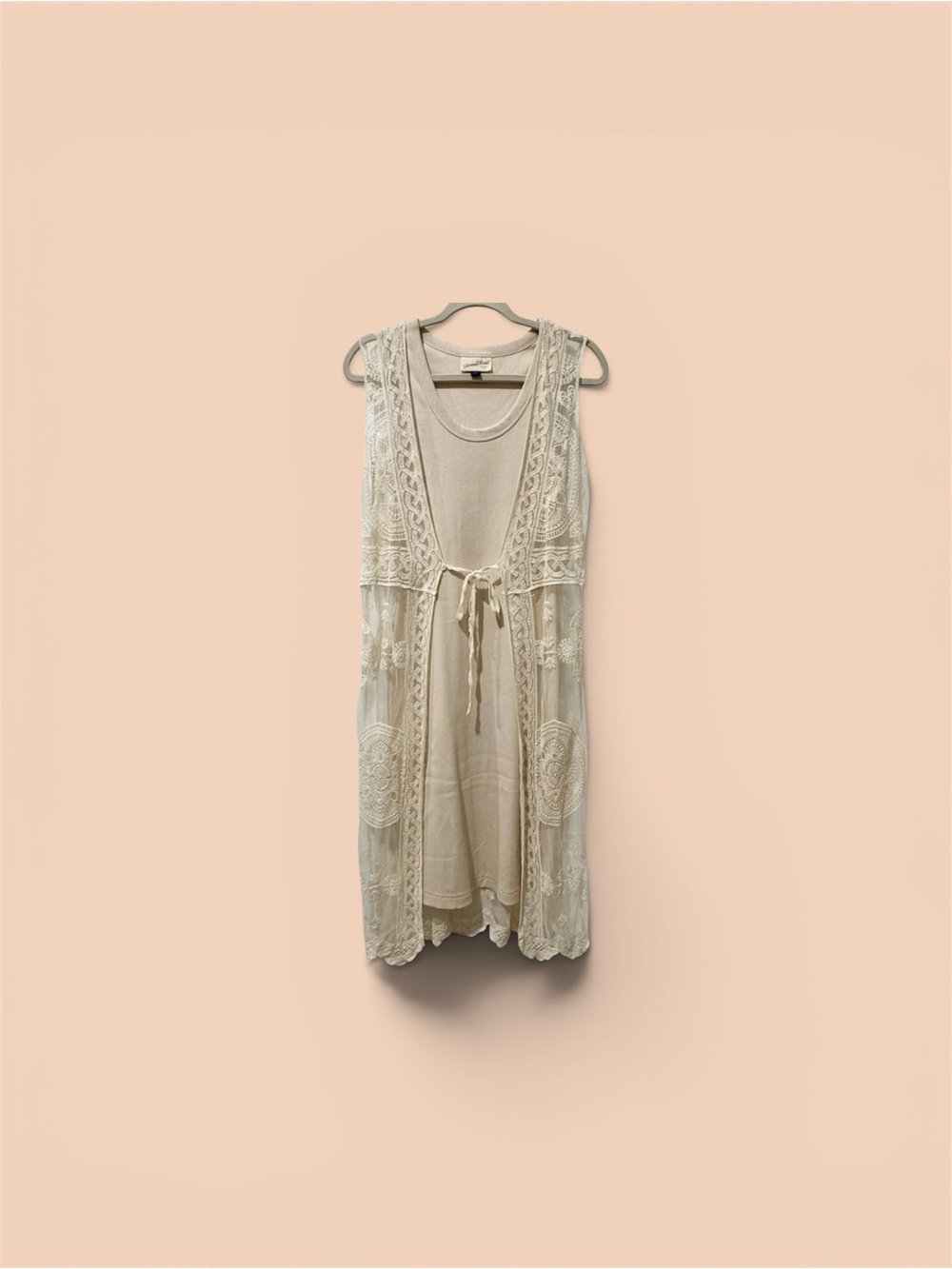 Cream Crochet Lace Sleeveless Duster with Tie
